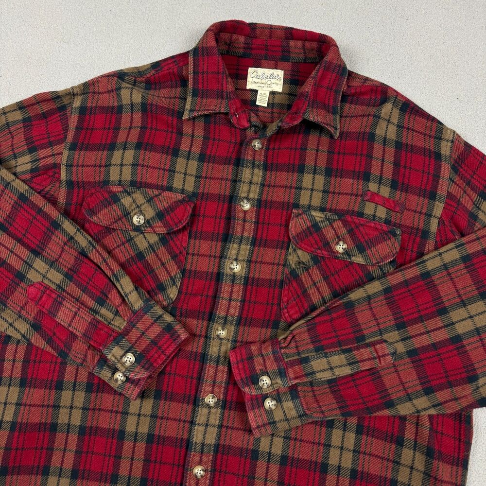 Cabela's Flannel Shirt Men XL Tall Red Brown Plaid Long Sleeve Heavy Cotton